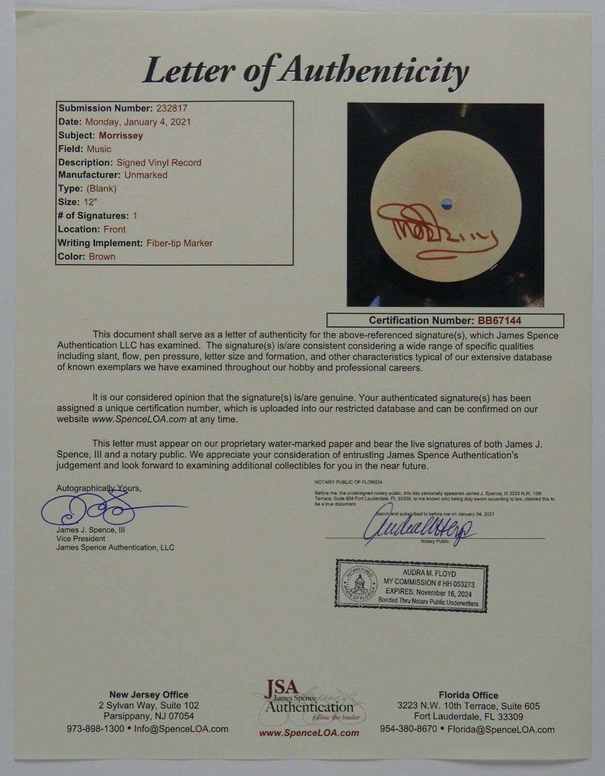 MORRISSEY Low In High School Signed Test Pressing JSA Autograph Album Record