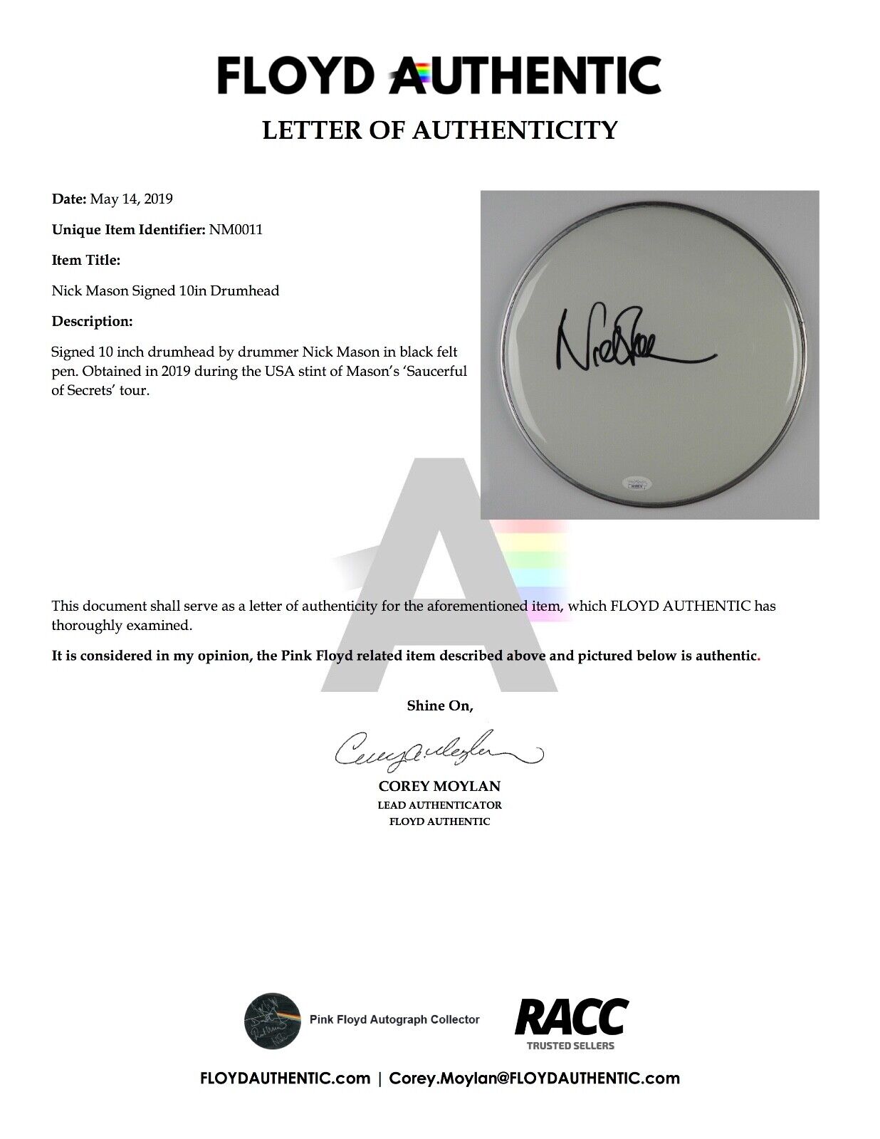 Nick Mason Pink Floyd Autograph Signed Drum Head JSA COA 10" FA LOA