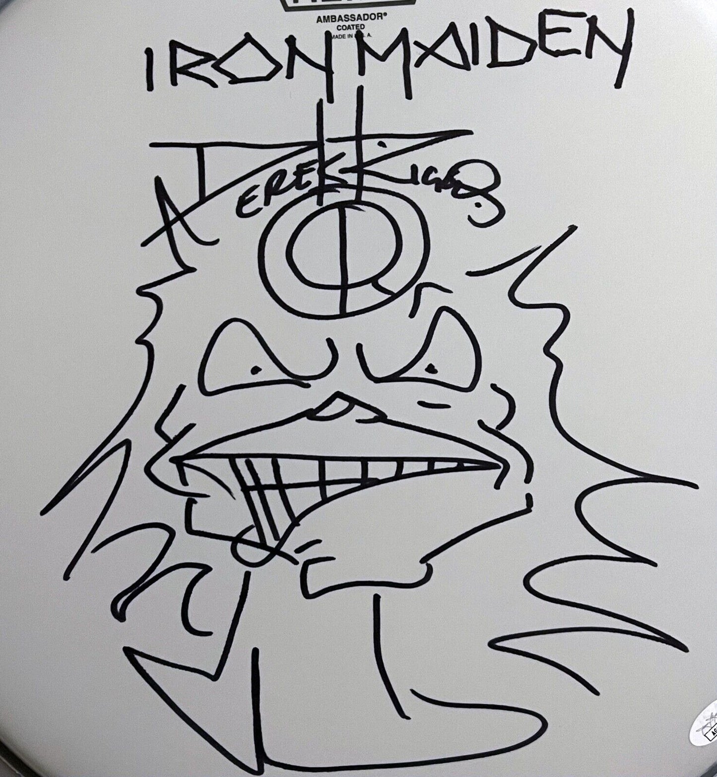 Iron Maiden Derek Riggs JSA Autograph Signed 16" Drum Head Original Sketch Eddie