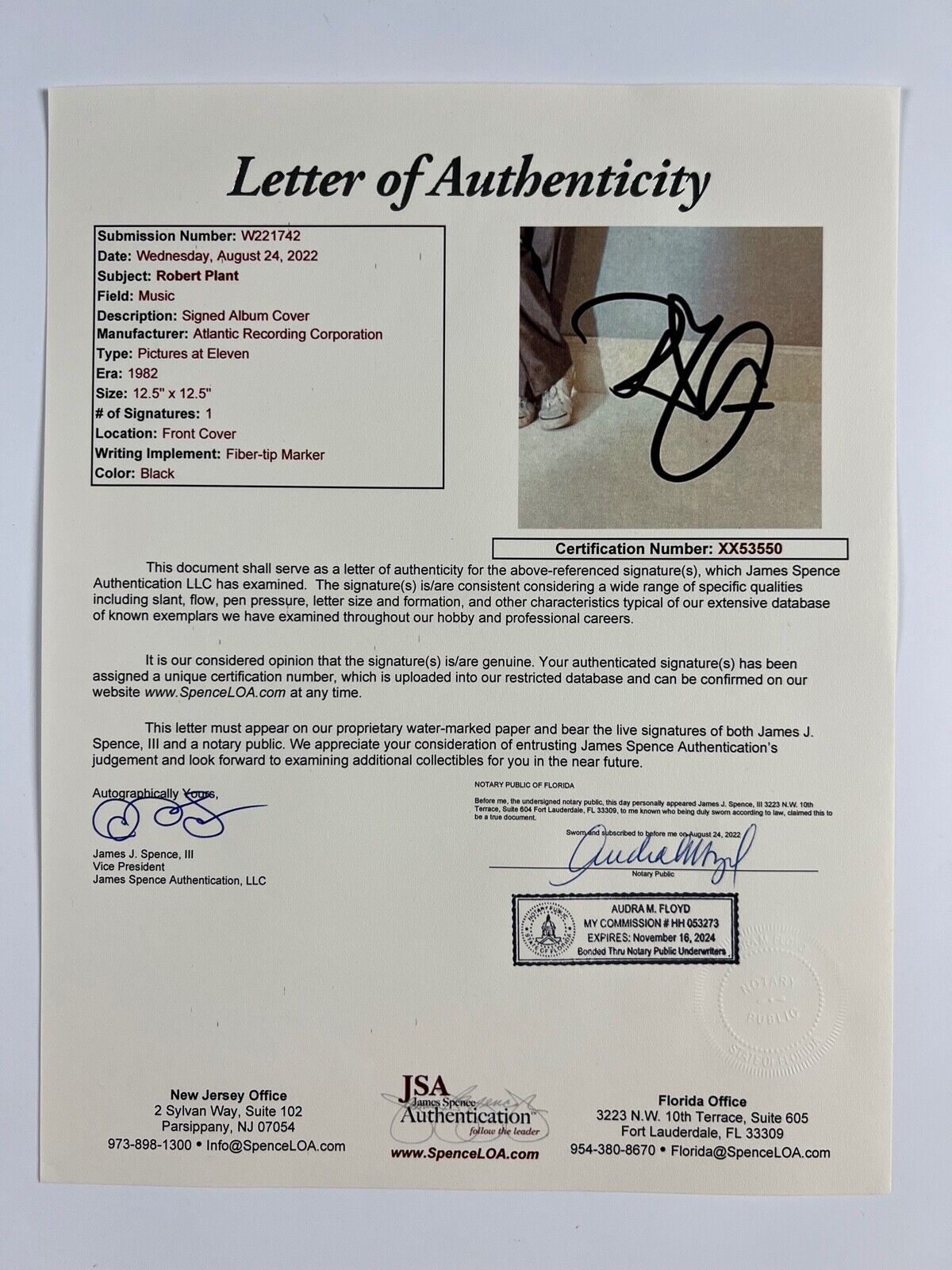 Robert Plant JSA Epperson Signed Autograph Album Record Vinyl REAL Led Zeppelin